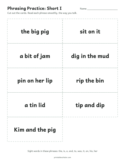 Short I phrasing cards printable preview