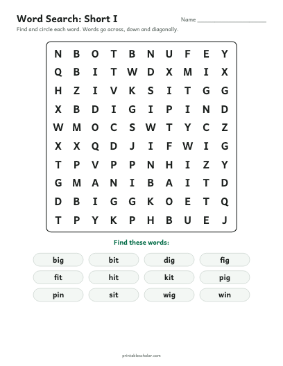 Short I word search printable preview