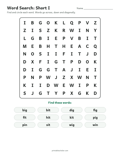 Short I word search printable preview