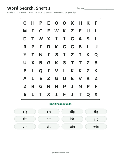 Short I word search printable preview