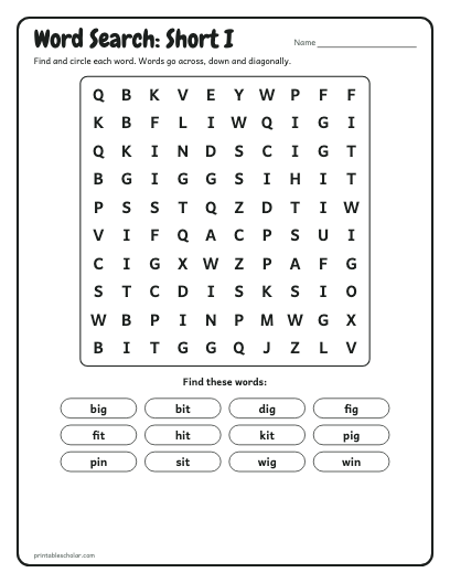 Short I word search printable preview