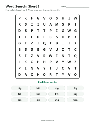 Short I word search printable preview