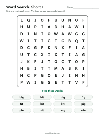 Short I word search printable preview