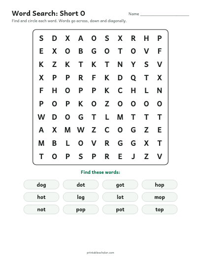 Short O word search printable preview