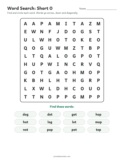 Short O word search printable preview