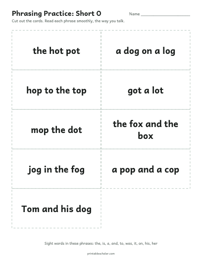 Short O phrasing cards printable preview