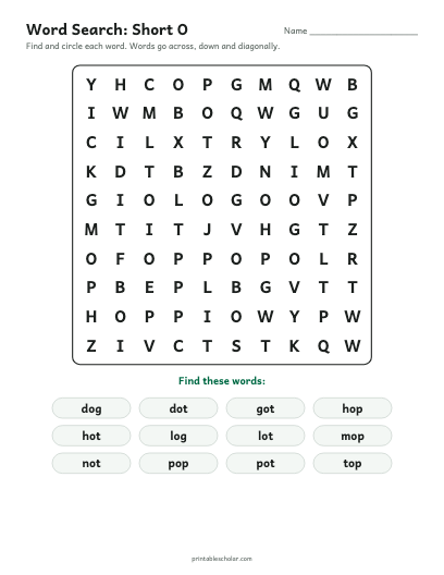 Short O word search printable preview