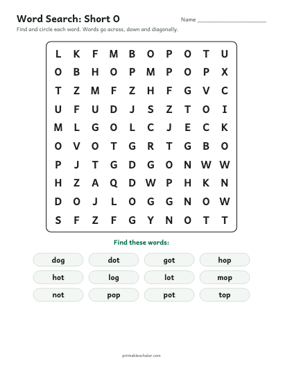 Short O word search printable preview