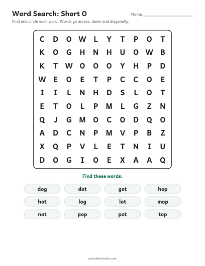 Short O word search printable preview