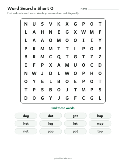 Short O word search printable preview