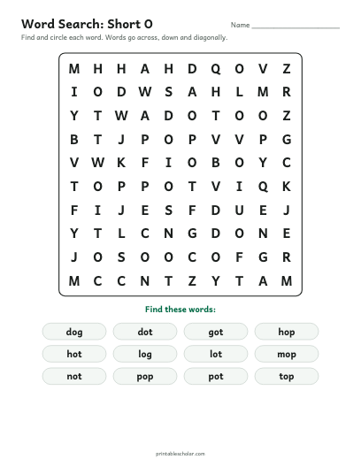 Short O word search printable preview