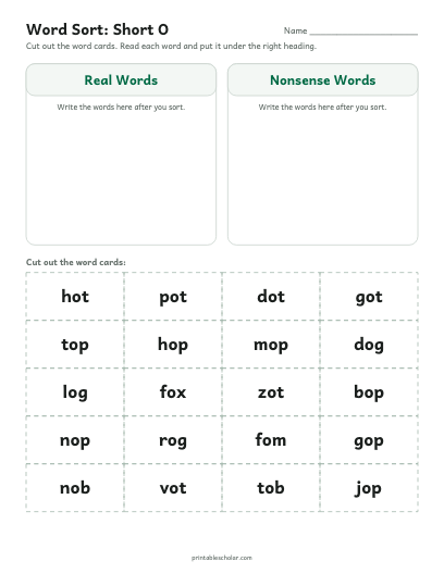 Short O word sort printable preview