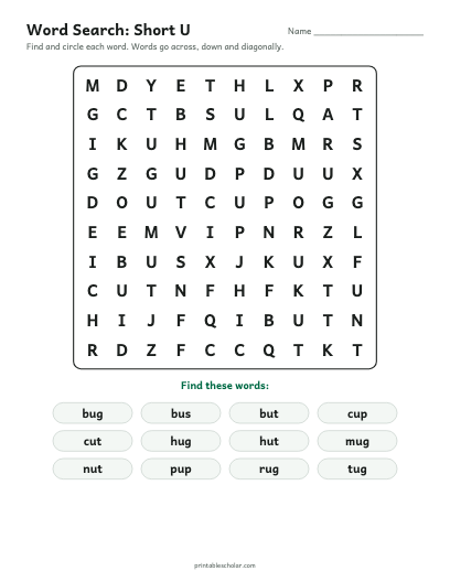 Short U word search printable preview
