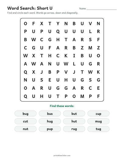 Short U word search printable preview