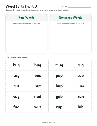 Short U word sort printable preview
