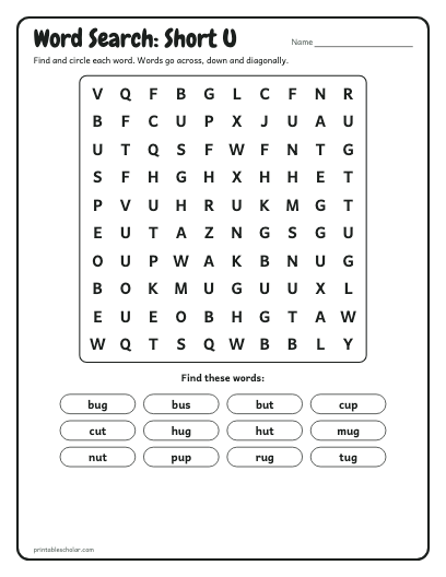Short U word search printable preview