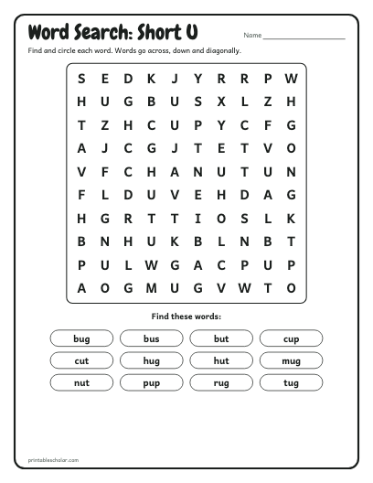 Short U word search printable preview