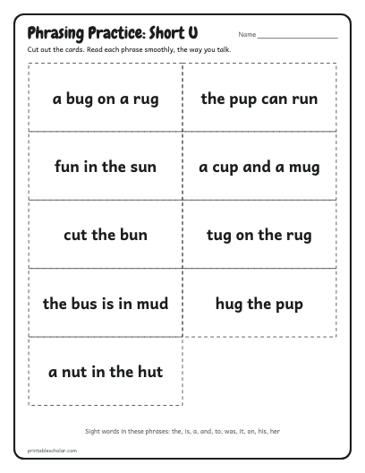 Short U phrasing cards printable preview
