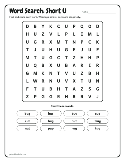 Short U word search printable preview