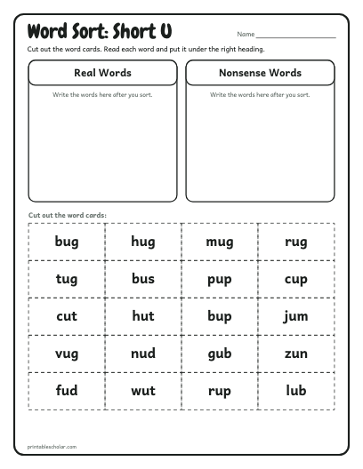 Short U word sort printable preview