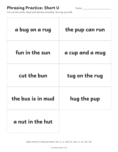 Short U phrasing cards printable preview
