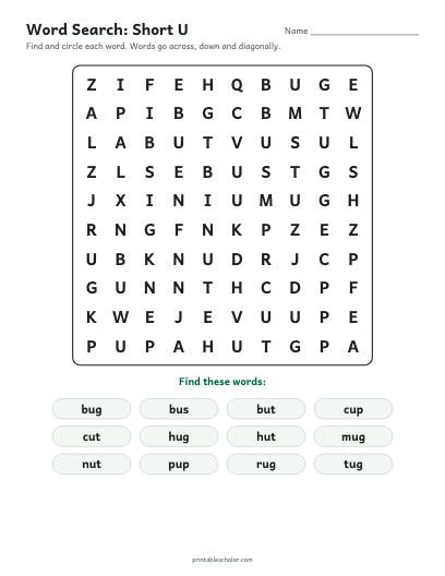 Short U word search printable preview