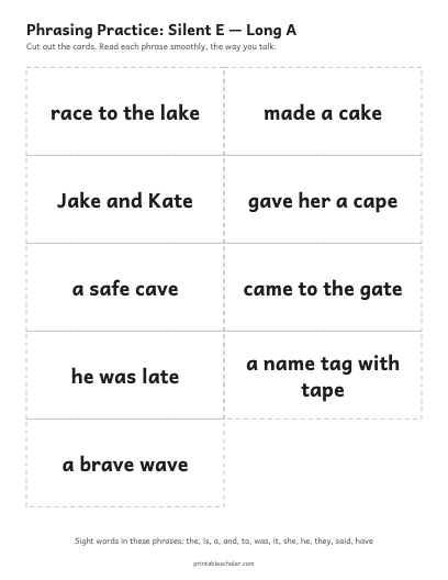 Silent E — Long A phrasing cards printable preview