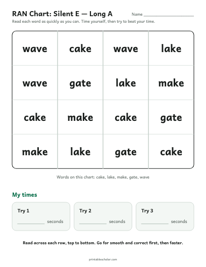Silent E — Long A ran chart printable preview
