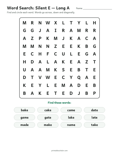 Silent E — Long A word search printable preview
