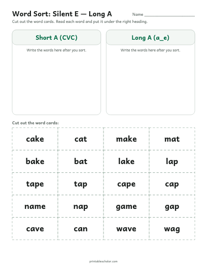 Silent E — Long A word sort printable preview