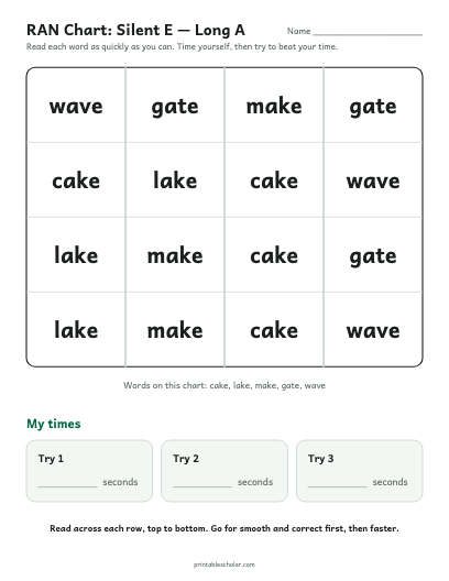 Silent E — Long A ran chart printable preview