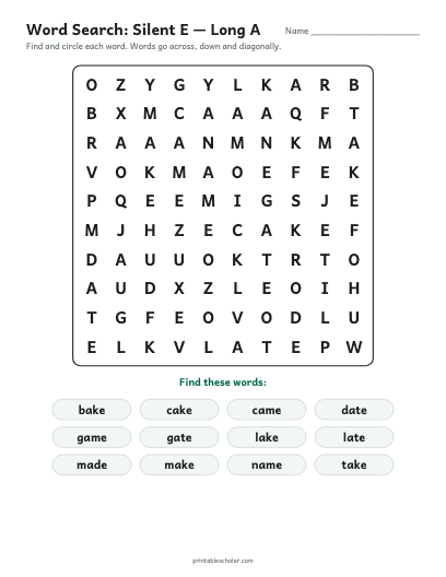 Silent E — Long A word search printable preview