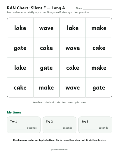 Silent E — Long A ran chart printable preview