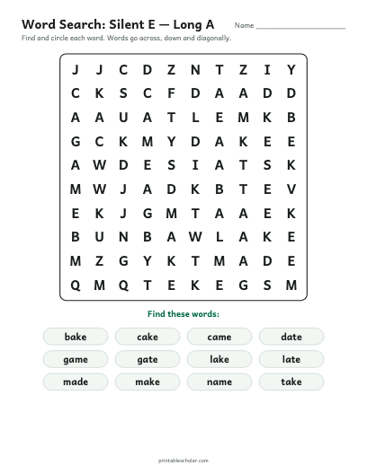 Silent E — Long A word search printable preview