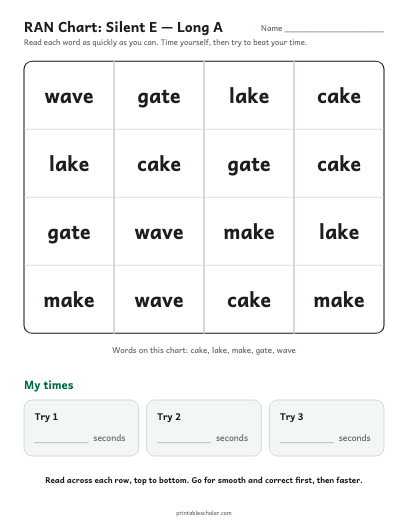 Silent E — Long A ran chart printable preview