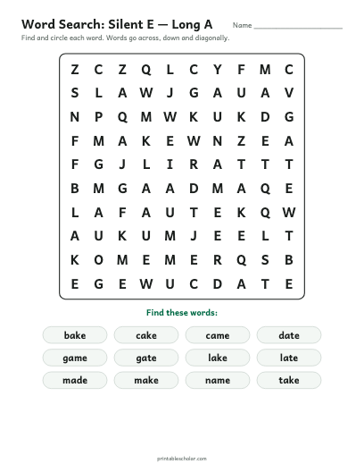 Silent E — Long A word search printable preview