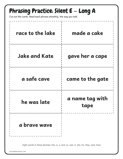 Silent E — Long A phrasing cards printable preview