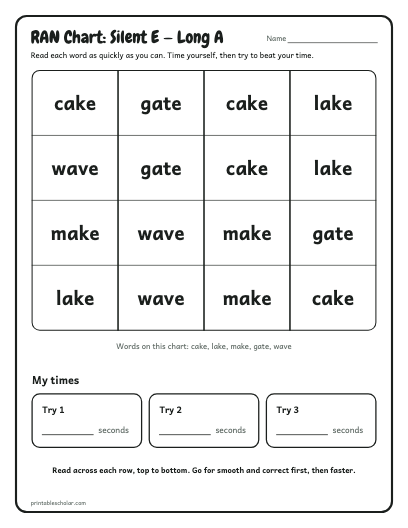 Silent E — Long A ran chart printable preview