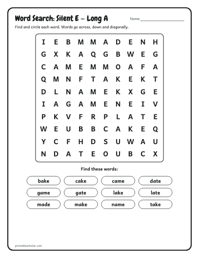 Silent E — Long A word search printable preview