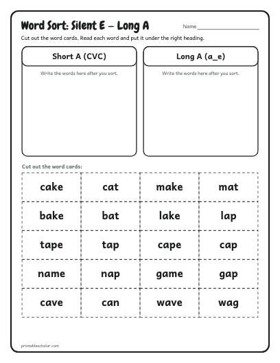 Silent E — Long A word sort printable preview