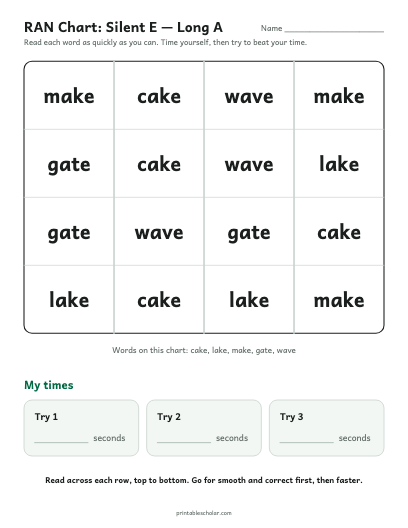 Silent E — Long A ran chart printable preview