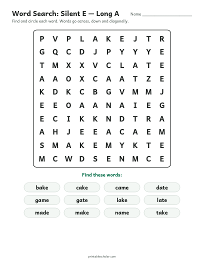 Silent E — Long A word search printable preview