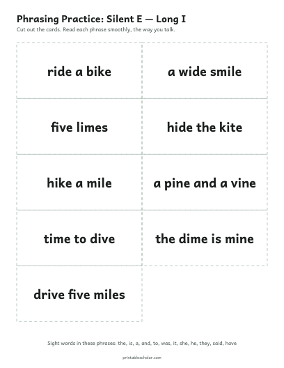 Silent E — Long I phrasing cards printable preview