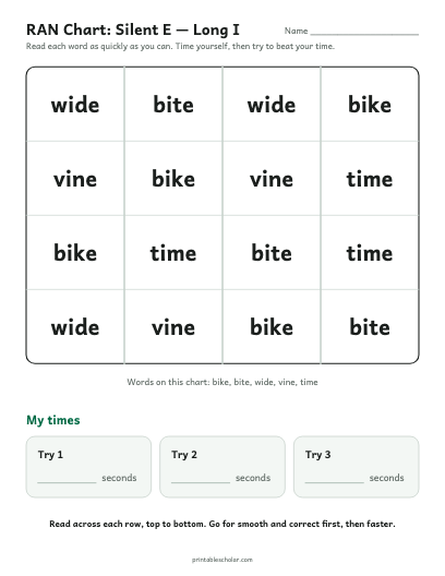 Silent E — Long I ran chart printable preview