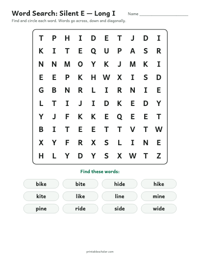 Silent E — Long I word search printable preview