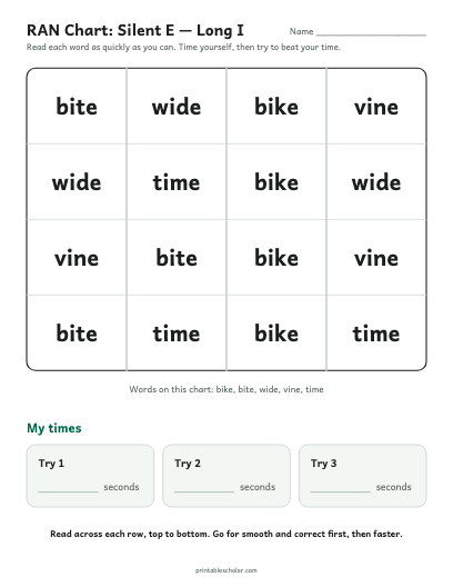 Silent E — Long I ran chart printable preview