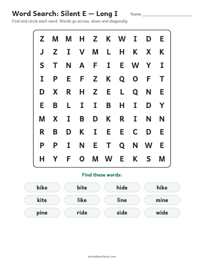 Silent E — Long I word search printable preview