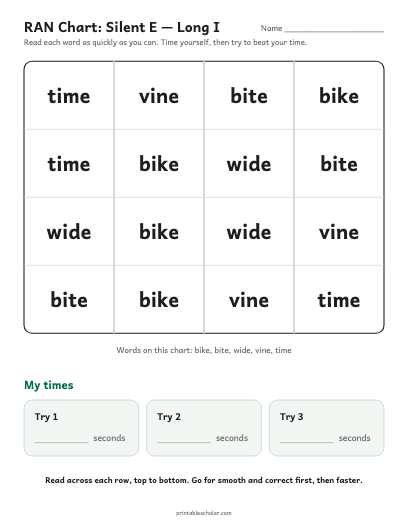 Silent E — Long I ran chart printable preview