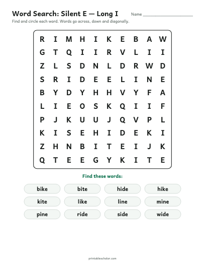 Silent E — Long I word search printable preview