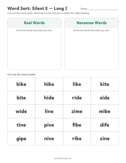 Silent E — Long I word sort printable preview